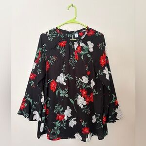 Old Navy Black Blouse with Red and White Floral Design